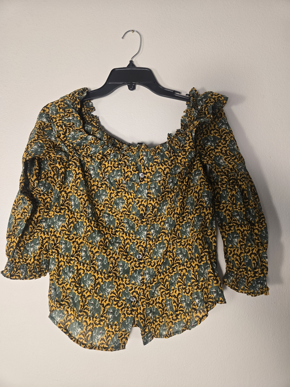 Ruffled Off Shoulder Floral Blouse in Mustard Green